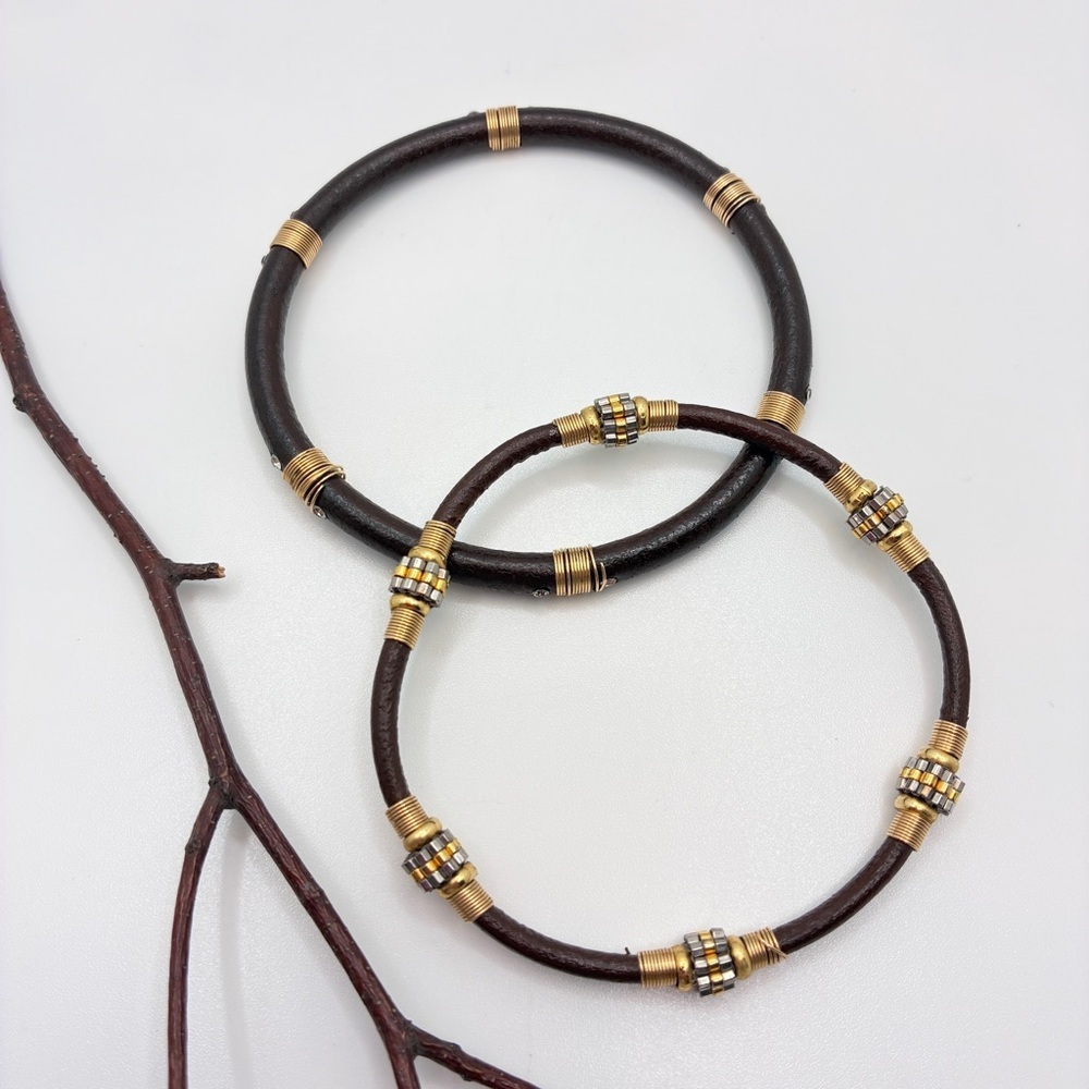 Miguel Ases Brown Leather 14K Gold-fill Swarovski Miyuki Bead Bracelets Set of 2